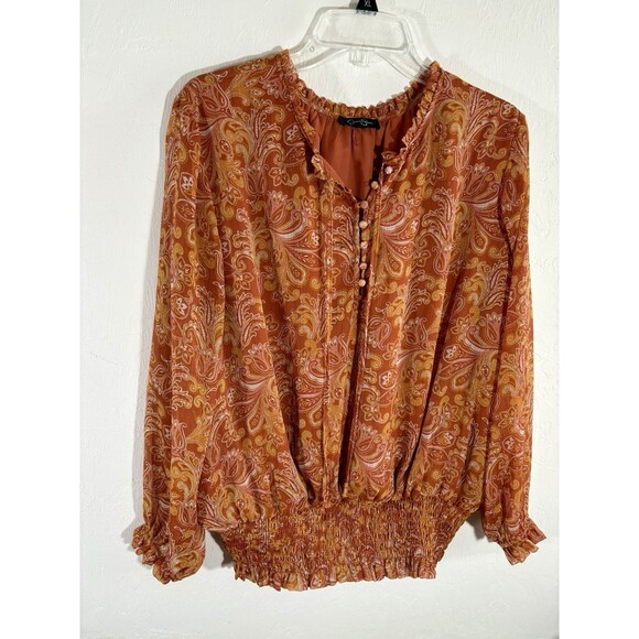 Jessica Simpson XL Blouse Auburn Orange Folkloric Emery Boho Lined Button Front - Picture 5 of 6